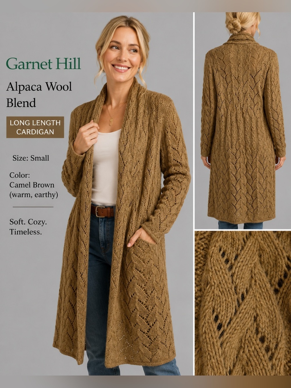 Garnet Hill Alpaca Wool Blend Long Open Knit Cardigan Sweater | Size Small